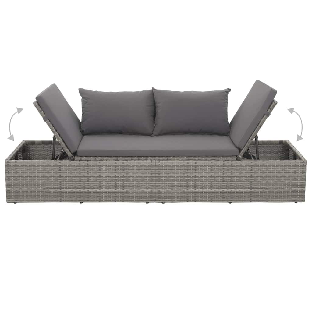 Lettino da giardino in polyrattan grigio, 195 x 60 cm, con schienale e pediera regolabili, imbottitura inclusa, ideale come lettino da sole, isola lounge per terrazza, balcone, relax