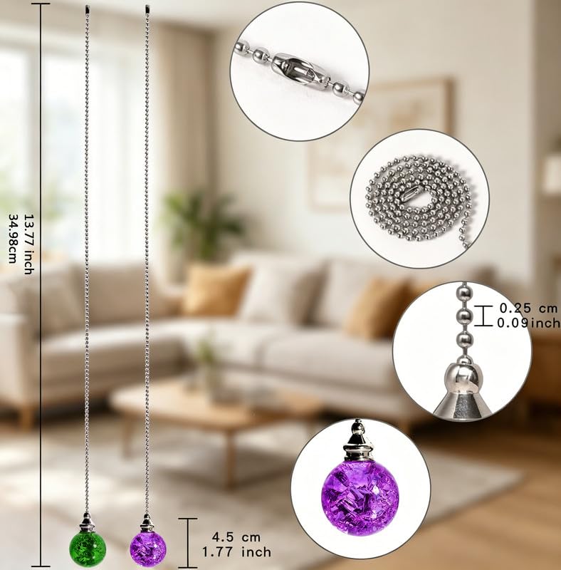 Image of 2pcs Crystal Ceiling Fan Pull Chain Ornament, 12 inch Ball Chain Purple & Green Fan Light Pulls Decorative Extension with Connector, Sliver Chain