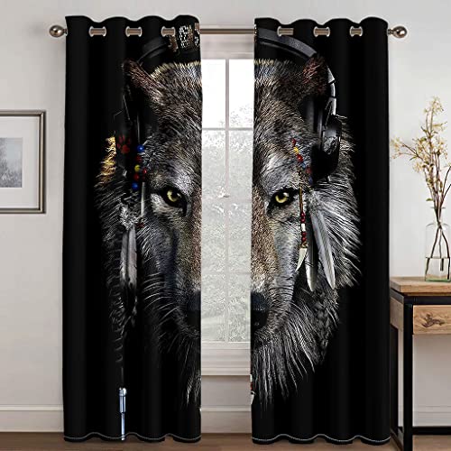 SHATOS Cortinas Opacas Termicas Aislantes Frio Y Calor con Ojales 200X214cm 2 Piezas Cortinas Dormitorio Salon Modernas Decoración Navidad para Hogar, 3D Impresión De Animales Lobo Patrón