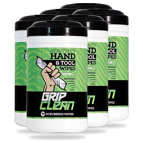 Image of Grip Clean Heavy Duty Hand & Tool Cleaning Wipes - Waterless Hand Cleaner for Mechanics, Garage & Shop Use - Dual-Sided Grease, Oil & Paint Remover Wipes with Citrus Scent - 72ct (6 Pack)