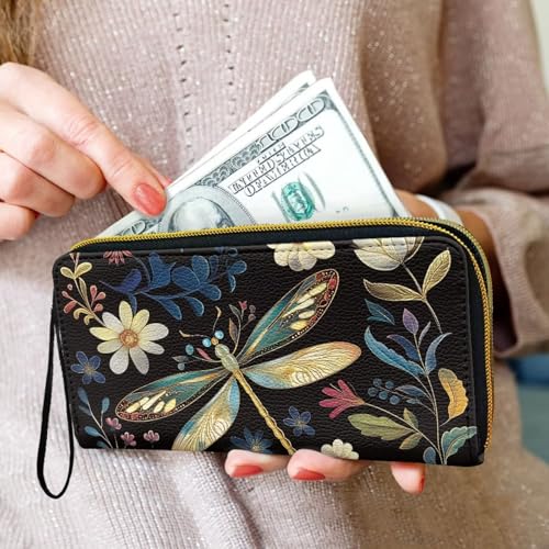 Dragonfly Flowers Leather Zip Around Wallet for Women Wristlet Clutch, Retro Dragonflies Floral Long Billfold Wallets for Credit Card, Cash, Coin, Bill3