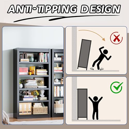 Image of 5-Tier Metal Bookshelf, 69 inch Tall Black Bookcase with Adjustable Shelves, Heavy Duty Deep Book Shelves, Display Storage Shelving for Living Room, Home Office, Library, Bedroom