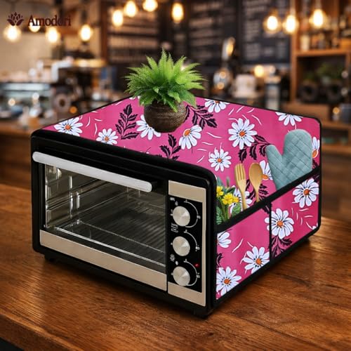 Image of Microwave Oven Top Cover 35x100 cm | Wipe Clean Fabric | 4 Utility Pockets (Floral-21)