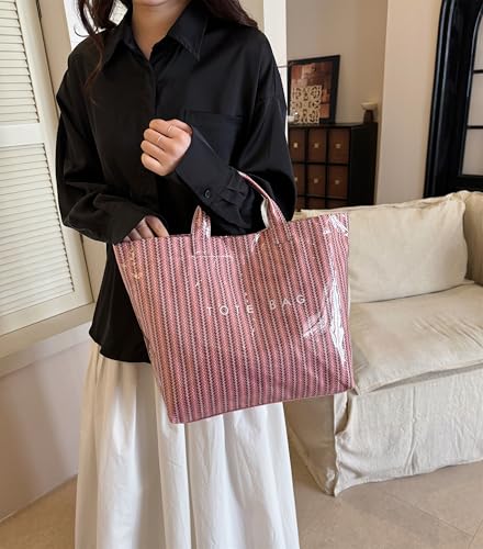 Image of Lushandy Striped PVC Tote Bag for Women, Waterproof Plastic Tote Bag for Beach Pool Large Top Handle Travel Hobo Handbag