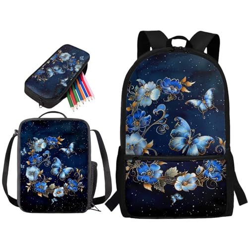 Lotusorchid Butterfly School Backpack Set for Kids 8-12, Floral Kids Students Bookbag with Zipper Pocket, School Bag with Lunch Bag Pencil Case, Kids 3 Pack Students Knapsack Set for School, Blue