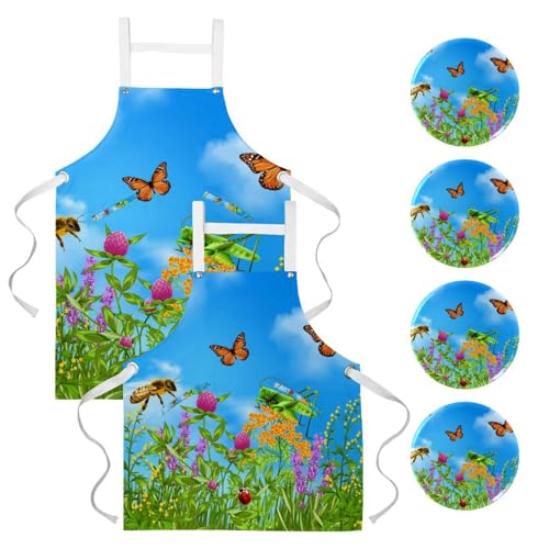 Lot de 2 tabliers de cuisine avec 4 broches et motif papillon