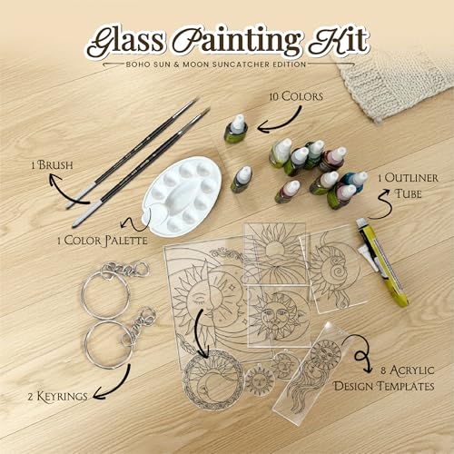 Image of The Crafthives Sun & Moon Glass Painting Kit | Boho Suncatcher DIY Stained Glass Art Set with Acrylic Frames, Colours, Brushes & Outliner | Creative Glass Painting Craft Kit for Kids Beginners Adults