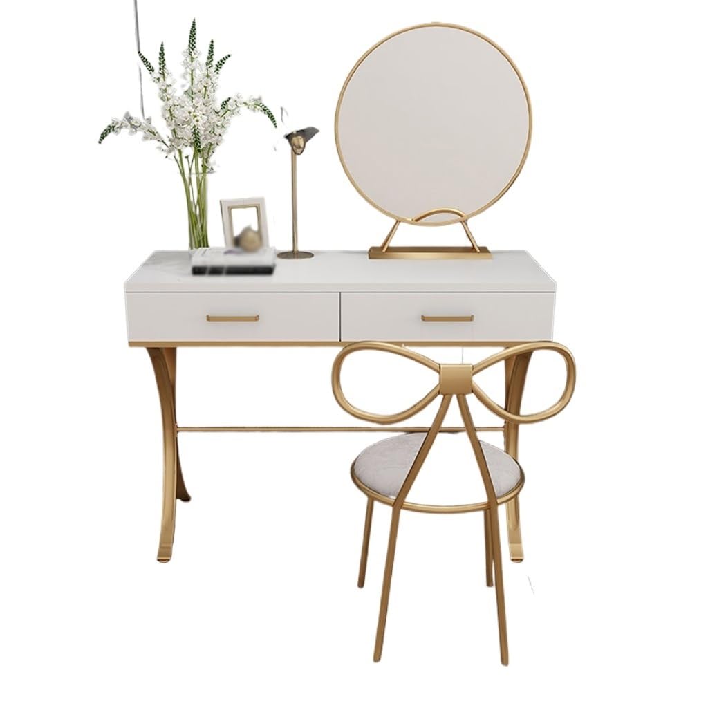 AOTPA Kosmetikspiegel mit Lichtern und Tischset Nordischer Leichter Luxus-Frisiertisch, Moderne Frisiertischkombination, Frisiertisch for zu Hause for Mädchen Teenie-Waschtisch mit Spiegel und Hocker