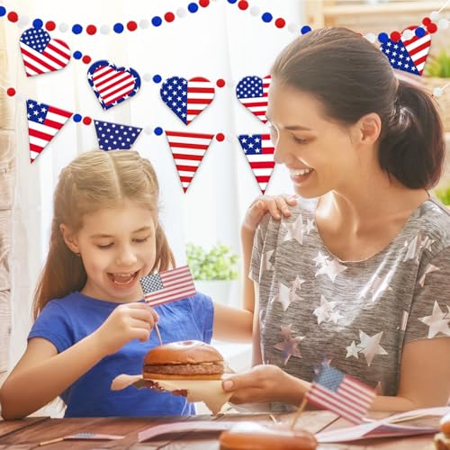 Image of Doumeny 3Pcs Independence Day Felt Garland Patriotic Heart Felt Banner American Flag Pennant Bunting USA Red White and Blue Pompom Bunting 4th of July Party Banner for Home Wall Mantel Fireplace Decor