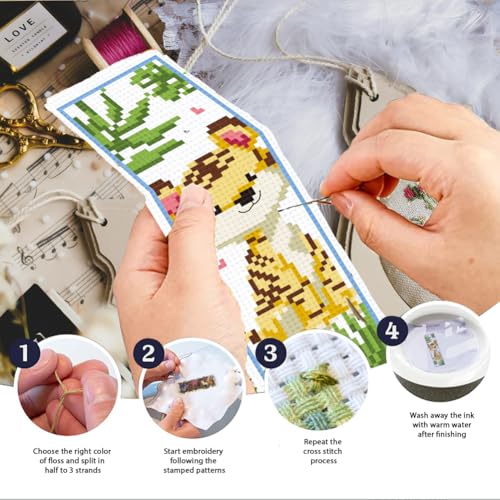 Image of INFUNLY 6PCS DIY Cartoon Animal Cross Stitch Bookmark Kits 8.66 inchx3.15 inch Cute Bear Cow Stamped Embroidery Kits with Instructions Plant Flowers Needlepoint Bookmark Kits for Book Lovers Readers Writers