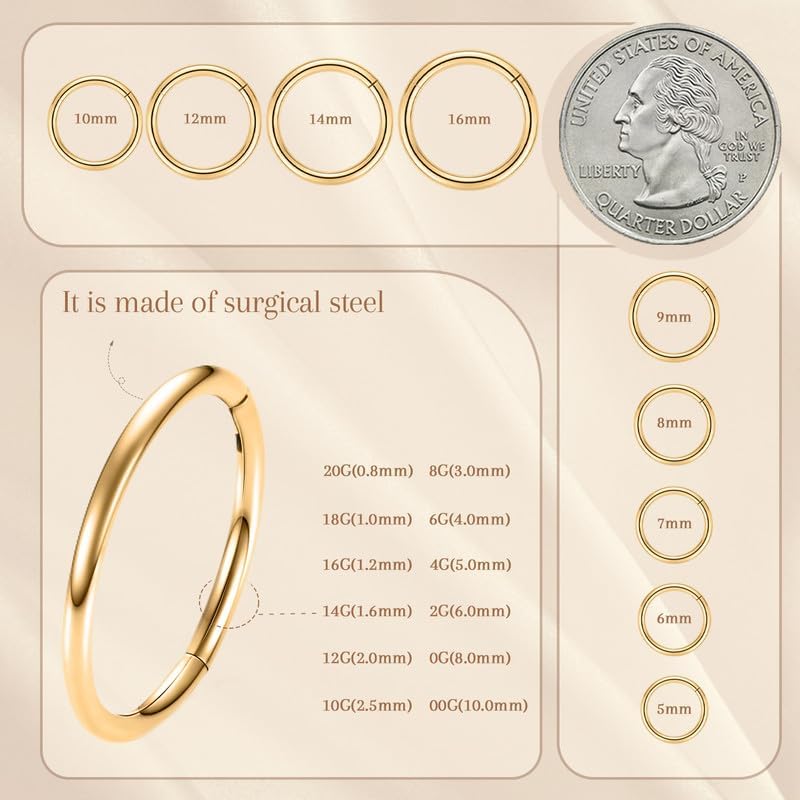 AROWRO Septum Rings Nose Rings Hoops Cartilage Earrings for Women Men Conch Piercing Jewelry Helix Hoop Daith Rook Tragus Surgical Steel Gold Silver 20G 18G 16G 14G 10G 8G 6G 4G 2G 0G 00G - Image 6