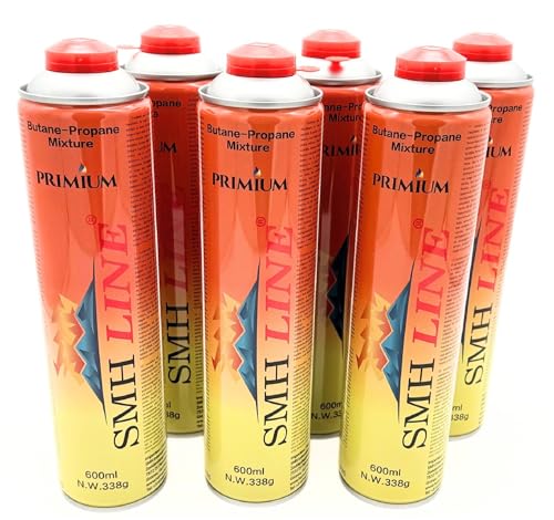 SMH LINE® Lot de 6 cartouches de gaz universelles de 600 ml pour réchaud à gaz, désherbeur, brûleur à gaz, mélange propane butane 7/16