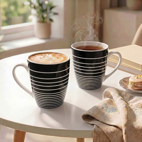 Image of UPC Midnight Stripe Bone China Mug Set of 2 | Black Line Pattern Ceramic Coffee & Tea Cups | Modern Milk Mugs for Home & Office
