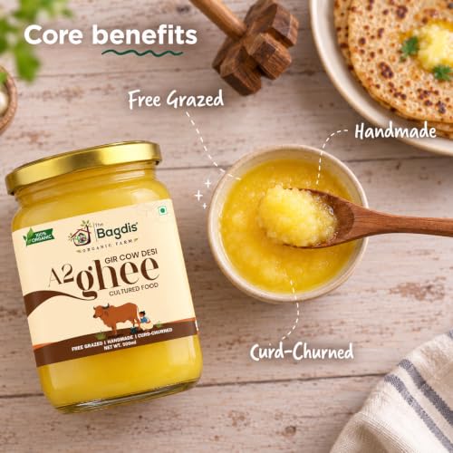 Image of The Bagdis Organic A2 Gir Cow Cultured Ghee | Vedic Bilona Method | Grass-Fed | 100% Pure & Natural Ghee Glass Bottle 500ml Glyphosate Free