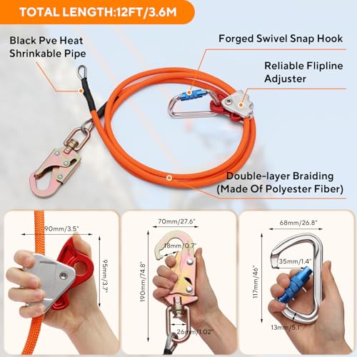 Image of 12ft Steel Wire Core Flipline, 3300Lbs Arborist Positioning Lanyard Kit