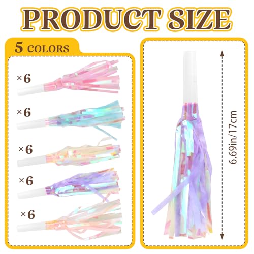 Weoxpr 30 Pieces Colorful Noisemakers Blowouts Horns, Glitter Metallic Fringed Whistles and Streamers,for Birthday Party Favors, Graduation,New Years Accessory, Sports,Mermaid Supplies (Pastel Colors)