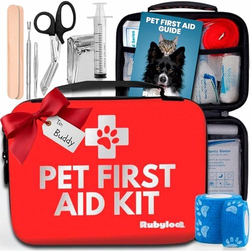 Dog First Aid Kit - Vet Approved Pet First Aid Supplies to Treat Dogs & Cats in an Emergency - Pet First Aid Kit Guide, Tick Remover, Slip Leash & Medical Essentials for Home, Camping, Car, RV, Travel