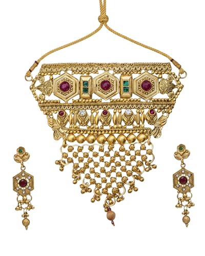 Image of Mansiyaorange South Indian Temple Style Choker with Floral Necklace & Earrings | Traditional Gold Plated Kempu Kundan Stone Jewelry Set for Women