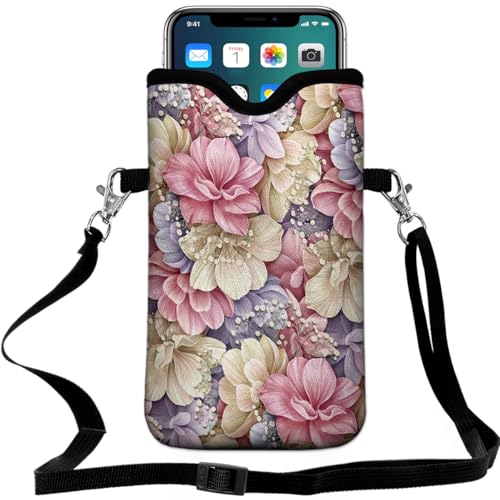 Universal Neoprene Cell Phone Pouch 7.1 X 4 in Mobile Protection Case Bag with Crossbody Strap/Neck Lanyard Luxury Flowers Leaf Printed Pattern
