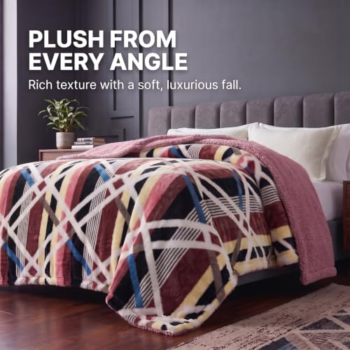 Image of BSB HOME Premium Flannel Fleece Blanket with Sherpa Reverse, 280 GSM Soft Plush Reversible Floral Blanket, Warm Cozy Winter Blanket for Bed, Sofa & Couch, 90 x 100 Inches (228 x 254 cm) - Blue & Red