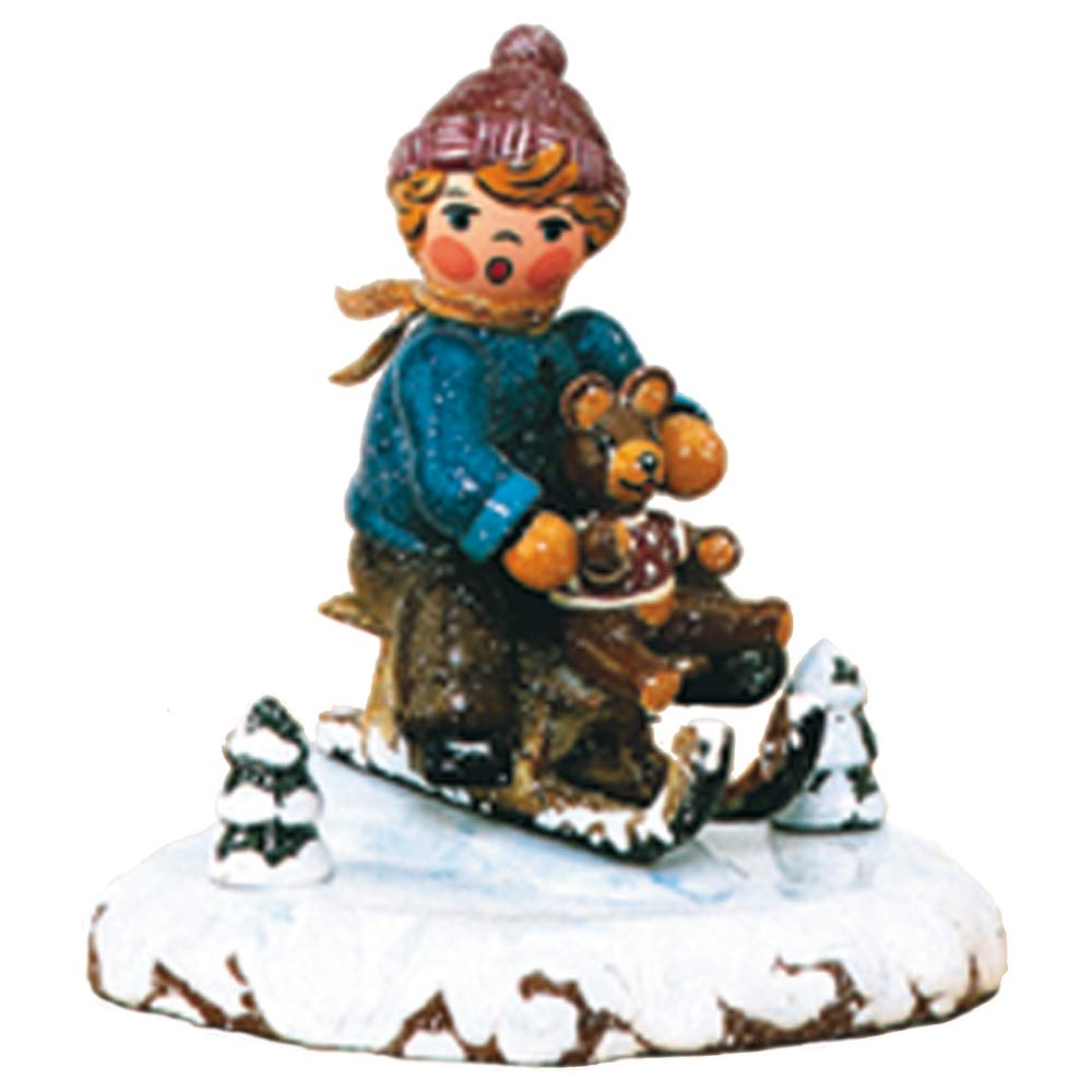 Hubrig-volkskunst enfants schlittenfahrer statuette bois artisanale noel allemagne 7 cm