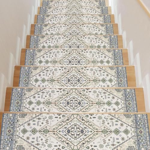 Homcomodar Lot de 15 Tapis d'Escalier d'Intérieur 76 X 20 Cm - Vintage - Protection AntidéRapante pour Marches en Bois - Dos en Caoutchouc - Tapis...