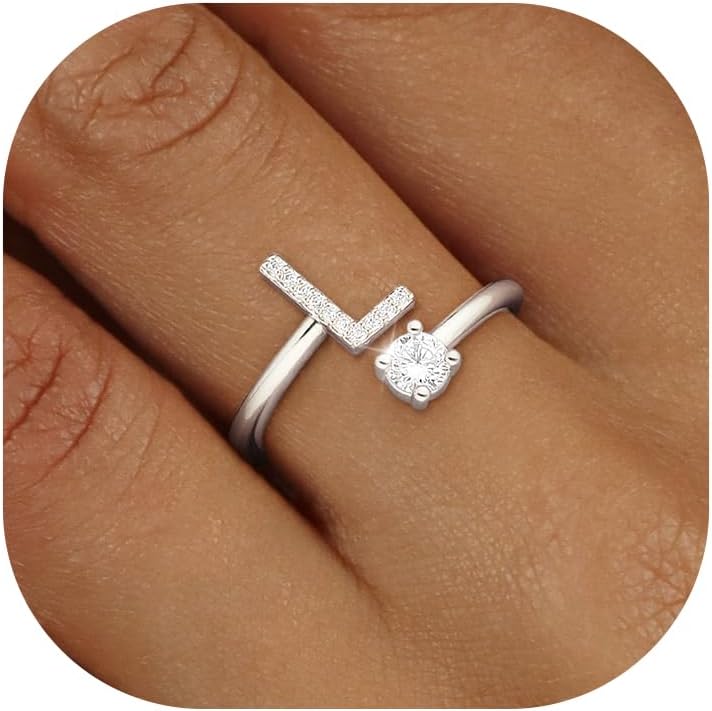 Gold Silver Initial Rings for Women Non Tarnish Dainty 14k Gold Plated Stackable Rings for Women Trendy Adjustable Capital Letter Cubic Zirconia Thumb Pinky Ring Unique Cute Open Birthday Gift Jewelry