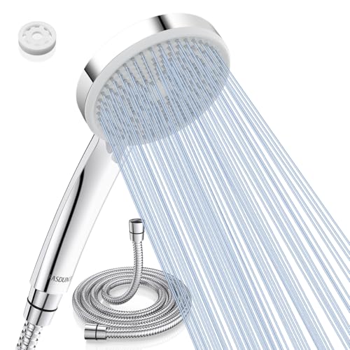 FASDUNT Alcachofa de ducha con manguera, 2 m, ahorro de agua (ahorro del 49% en agua), 5 tipos de chorro, efecto de aumento de presión del 200%, flujo de 9,5 l/min para reducir costes