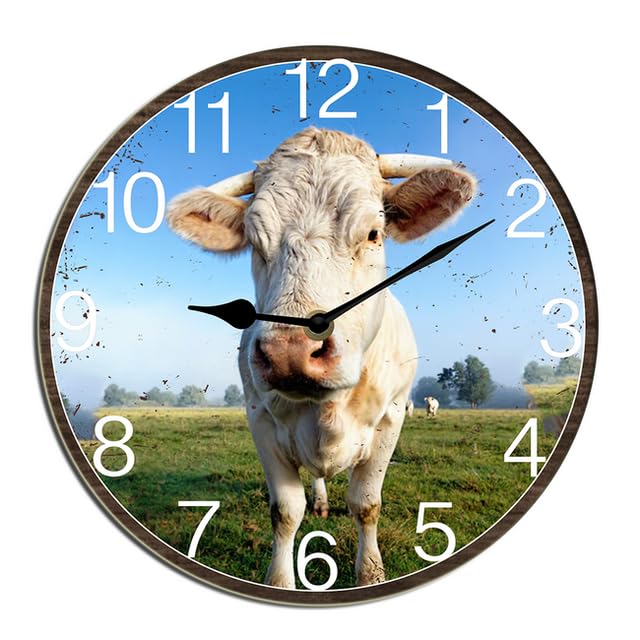 Horienteeon Horloge murale décorative en bois avec motif vache - Horloge de salle de bain - Fonctionnement à piles - Sans tic-tac - Horloge décorative ronde...