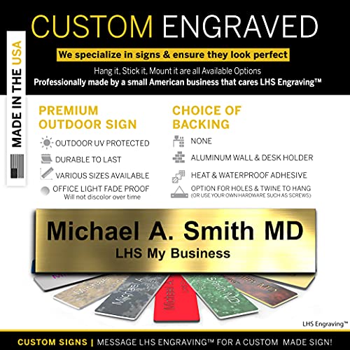engraved name plates for desk and door signs personalized brushed brass plastic nameplate with black letters - made in usa 2x8 m6