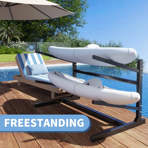 FLIXELIO Kayak Storage Rack for 2 Kayaks, Freestanding Kayak Rack with Wheels, Metal Indoor Kayak Stand, Heavy Duty Garage Storage Rack for Kayaks,Canoes,SUP,Paddle Board and Surfboards