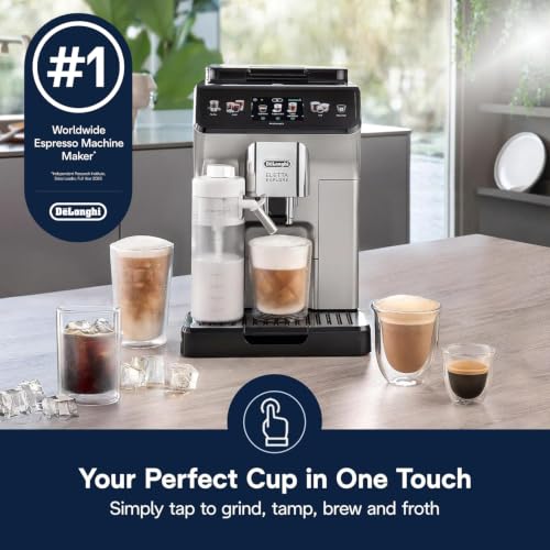Image of De'Longhi Eletta Explore Espresso Machine with Coffee Grinder, Milk Frother | #1 Worldwide Espresso Machine Maker, 50+ One-Touch Recipes, Travel Mug, Hot & Cold Frother, Built-in Grinder, 4 User Profiles