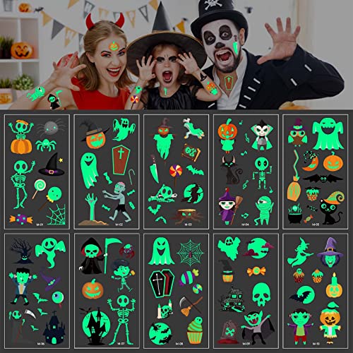 100+ Pcs Halloween Tattoo Kinder, Leuchten im Dunkeln Halloween Temporäre Tattoos, Kürbis Ghost Spinnen Sticker für Halloweenparty Dekoration Zubehör