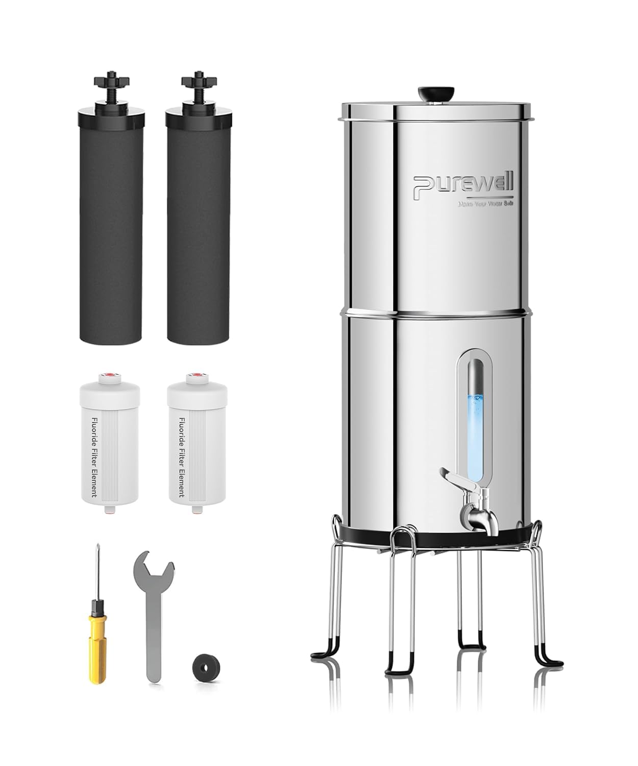 Purewell 5,7L Gravity Water Filter System – Stainless Steel Countertop Design with 4 Filters, Glass Water Level Window – Reduces Fluoride, Chlorine – for Home, Camping & Emergency Survival