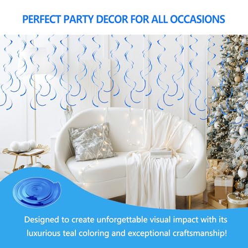 Image of Royal Blue Hanging Swirls Party Decorations 30 Pack- Extra Long Double Swirl Ceiling Decorations for Birthday, Baby Shower, Christmas, Wedding | Reusable Blue Party Streamers with Hooks