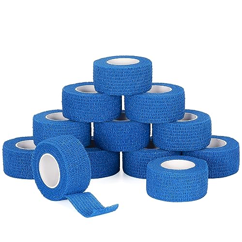 12 Rollen Fingerpflaster Selbsthaftende Bandage 2,5cm x 4,5m Selbstklebender Verband Haftbandage Elastische Binde Cohesive Fixierverband Pflasterverband Pet Vet Wrap für Erste Hilfe Sport (Blau)