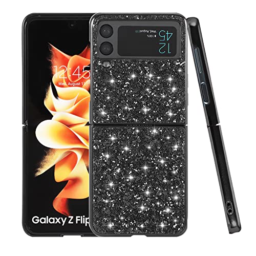 Compatible with Samsung Z Flip 4 Case Glitter Shockproof,Phone Samsung Galaxy Z Flip 4 Case Bling Sparkly Soft TPU and PC Silicone Shiny Girl Women Thin Protective Cover (Black)