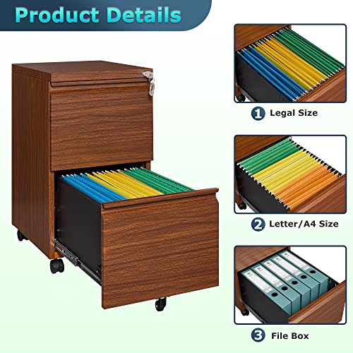 Afaif 2 Drawer File Cabinet With Lock, Rolling Vertical File Cabinets For Home Office, Small Metal Filing Cabinet Office Drawers Under Desk, Locking File Cabinet For Letters/Legal/A4 Size,Brown #TOP1