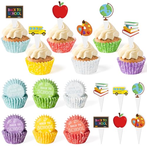 COcnny 300pcs Back to School Cupcake Liners, School Mini Cake Baking Cups, First Day of School Cupcake Wrappers with Cake Toppers, Apple Pencil Book Muffin Candy Wrap Making Supplies (6 Styles)