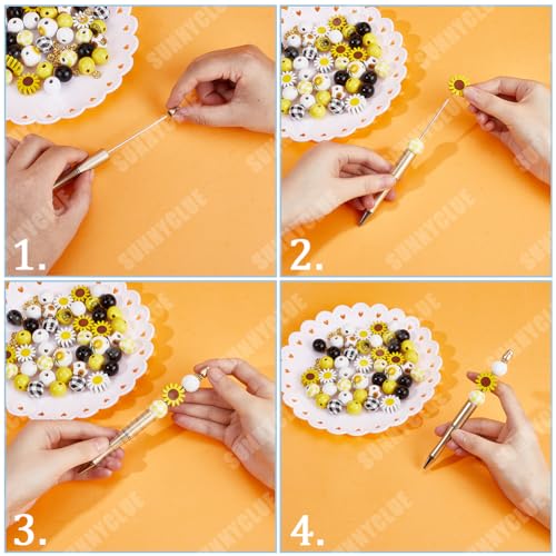 SUNNYCLUE DIY 12 Set Beadable Pens with Sunflower Focal Beads, Flower Printed Wood Beads - Image 3