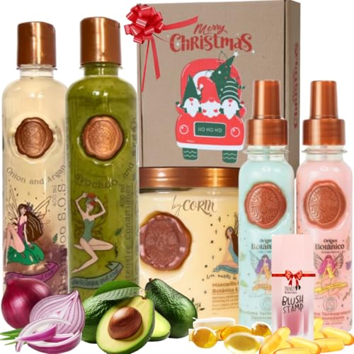 KIT 5 Crecimiento Acelerado y Ultra Reparador S.O.S: Shampoo de Cebolla Mascarilla para el Cabello Acondicionador Intensivo PLEX DUO Termoprotector para Cabello + Caja Regalo + Obsequio Trendy