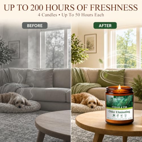 Image of 4-Pack Odor Eliminating Candles, 28 oz Soy Scented Candle for Home | Eliminates 95% of Pets, Smoke, Food and Bathroom Odors, 200 Hour Burn, Air Fresh Scent of Lemon, Vanilla, Apple, Cedar