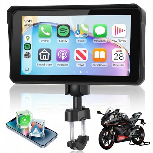 Image of 6 Inch Motorcycle Wirelsss Carplay Screen, Portable Touchscreen Motorcycle GPS Navigation System Car Play Moto Android Auto, Dual Bluetooth, IP68 Waterproof Moto Screen, Si-ri, Goo-gle Assistant