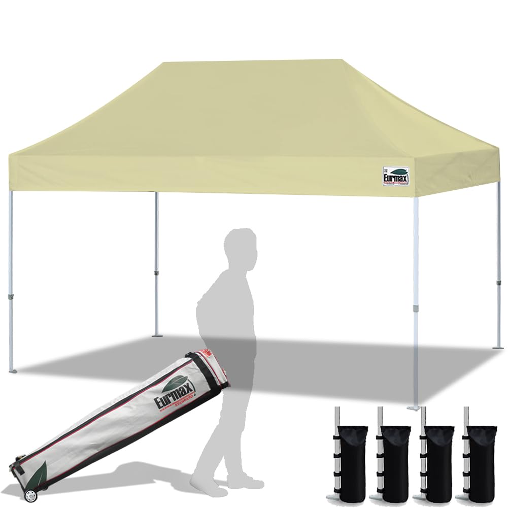 Eurmax USA 10'x15' Pop Up Canopy Tent Commercial Instant Canopies with Heavy Duty Roller Bag,Bonus 4 Sand Weights Bags (Beige)