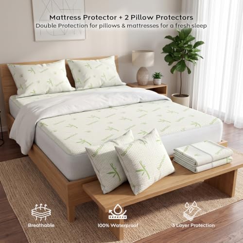 Image of AYKA Combo Pack Waterproof Mattress Protector & 2 Pillow Protectors | King Size 78x72 Inch | 100% Waterproof Bamboo Bed Protector | Breathable, Noiseless Mattress & Pillow Covers | 6.5 x 6 ft | White