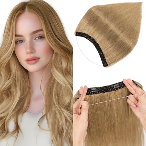 Elailite Hair Extensions Real Human Hair One Piece Secret Wire Clip in Headband Extension Invisible Straight, #27 Dark Blonde