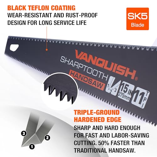VANQUISH 15 Inch Teflon Coating Blades Hand Saw SharpTooth Crosscut Saw with Comfort Grip for Woodworking - 11 Joints Per Inch (4812)