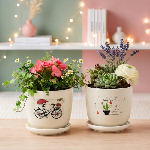Image of Xtore Charming Bicycle & Cactus Ceramic Planter Set of 2 with Saucers for Home & Office Decor | Artistic Small Flower Pots for Living Room, Bedroom, Balcony, Desk, Shelf & Window Styling (Off-White)