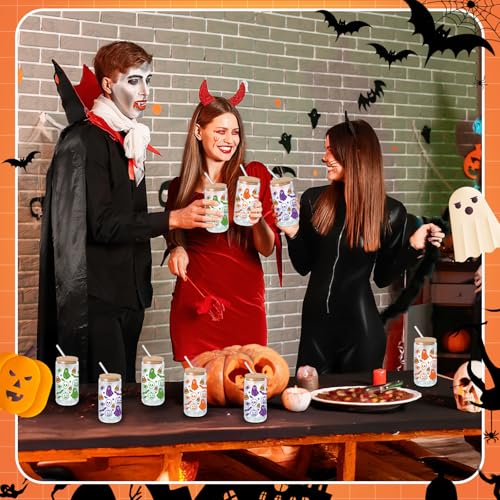 Acellegic 12 Packs Halloween Glass Cups Gifts Boo Baskets Stuffers 16oz Color Changing Cups with Lid Straw Pumpkin Ghost Skull Iced Coffee Drinking Glass Tumbler Halloween Gifts for Women Party Decor by Acellegic - Image 5