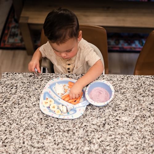 Image of The First Years Bluey 4-Piece Place Setting - BPA Free Dishwasher Safe Toddler Dinnerware Set with Divided Plate, Bowl, Fork, Spoon - Multicolor, 4 Piece Set (Pack of 12)